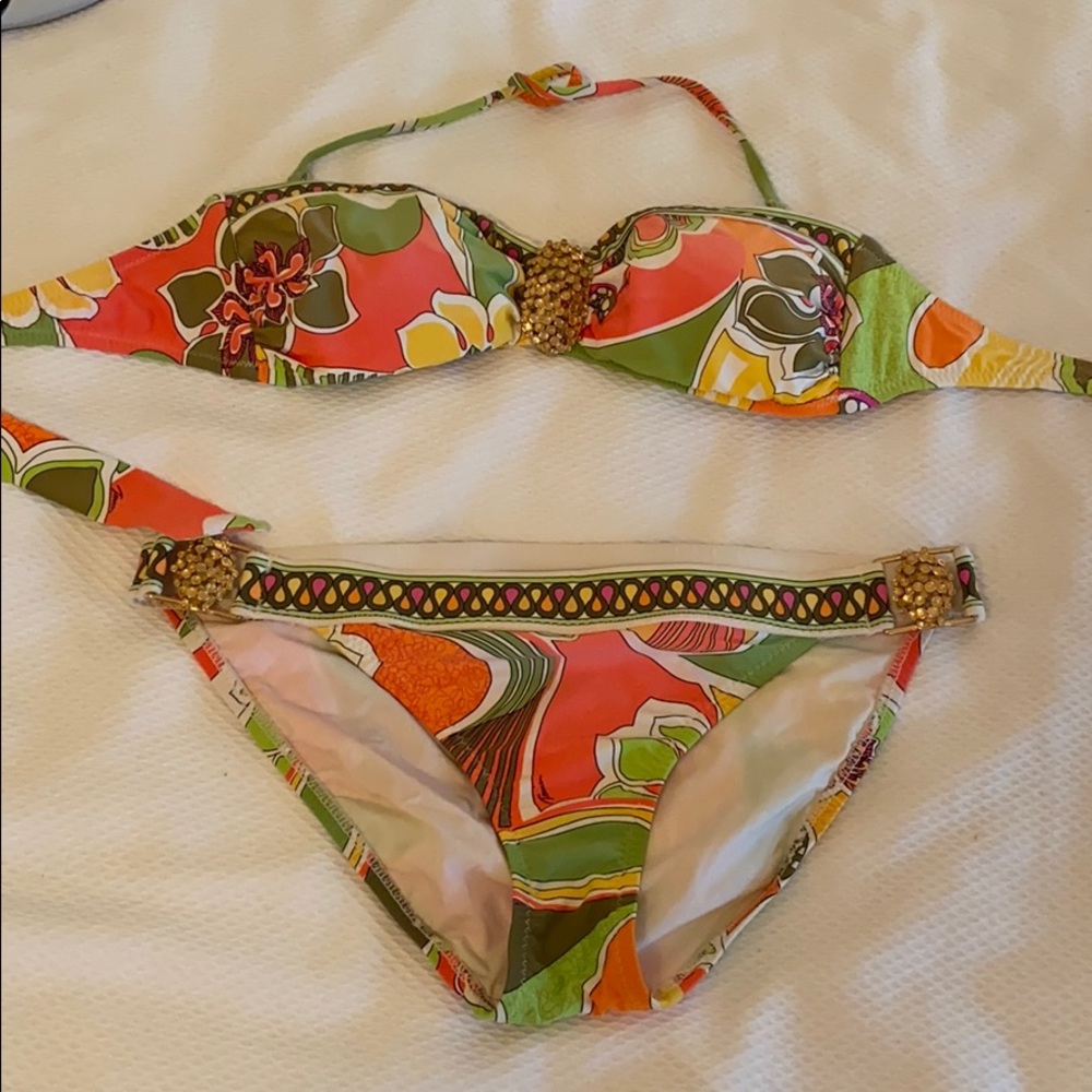 Trina Turk Coral, Green & Yellow Floral Bandeau Bikini
